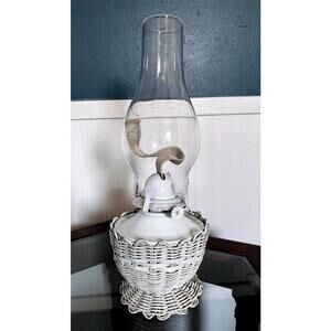 Vintage Kaadan Ltd Oil Lamp White Wicker Base Glass Chimney